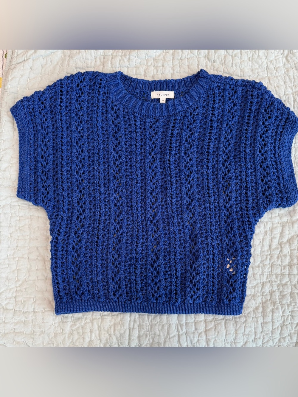 Z Supply Open Knit Crochet Top Cobalt Blue Short Sleeve Size XS